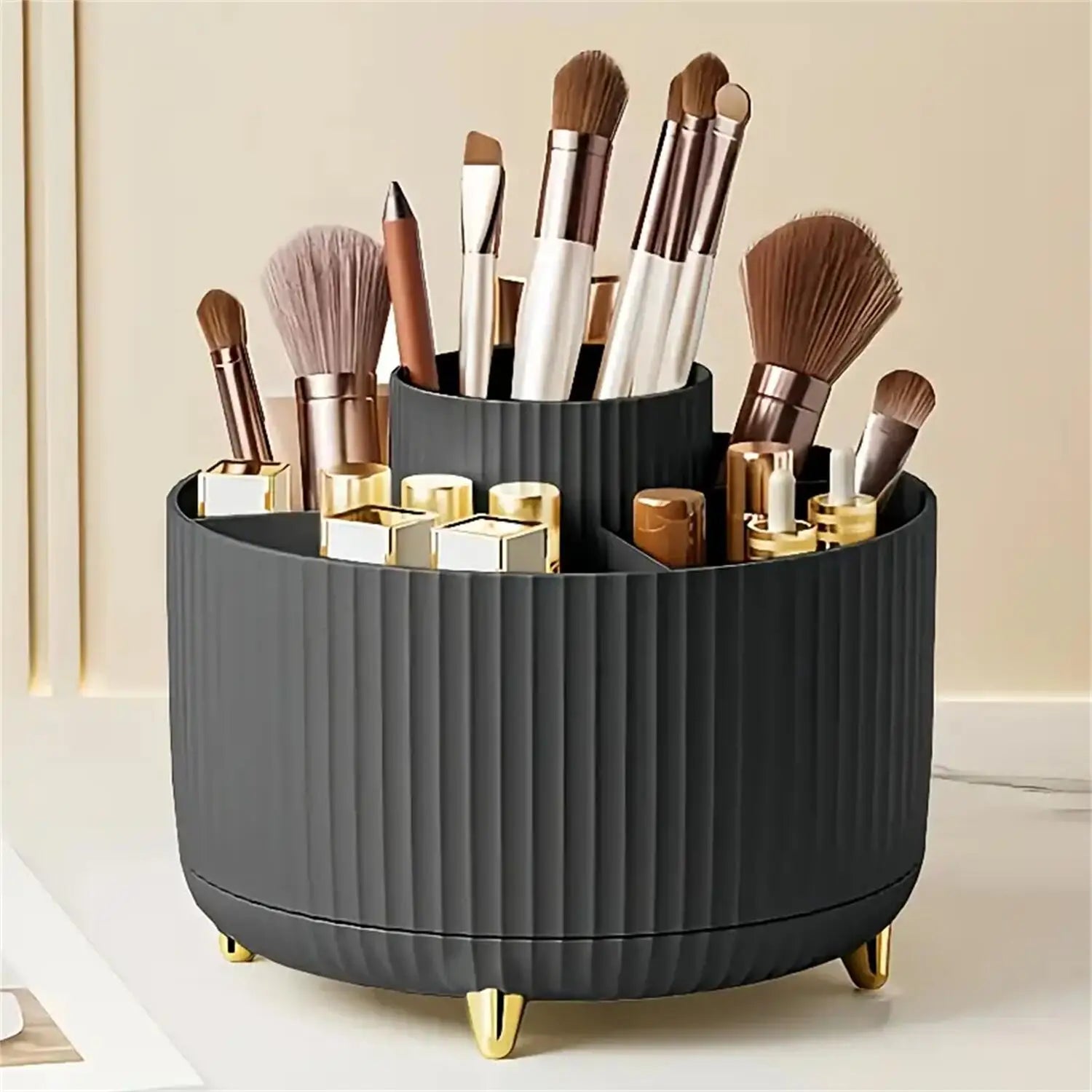 360-degree rotating makeup organizer with 5 compartments on a vanity