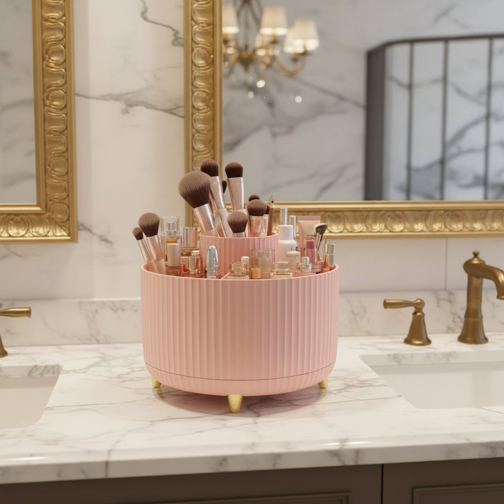360-degree rotating makeup organizer with 5 compartments on a vanity
