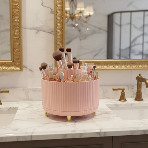 360-degree rotating makeup organizer with 5 compartments on a vanity