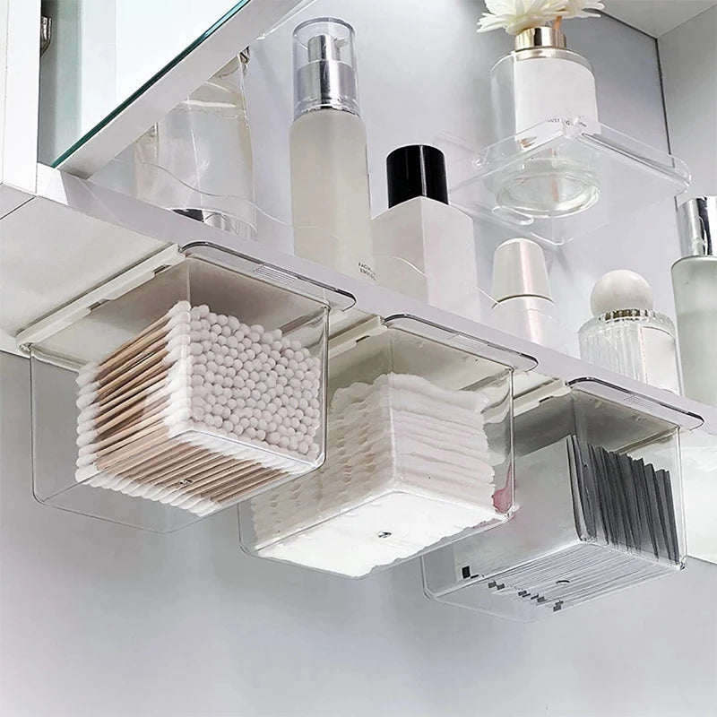 Transparent under-mirror storage drawer shown fully extended