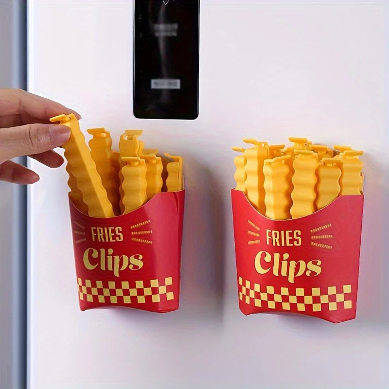 Potato-chip-shaped bag clip sealing a bag of chips for freshness