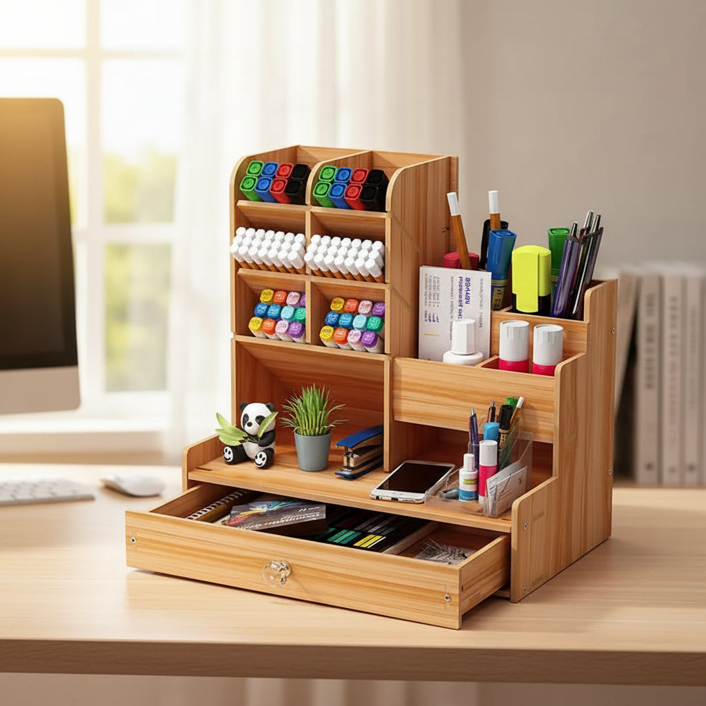 DIY wooden desk organizer kit with pen holder and drawer, fully assembled