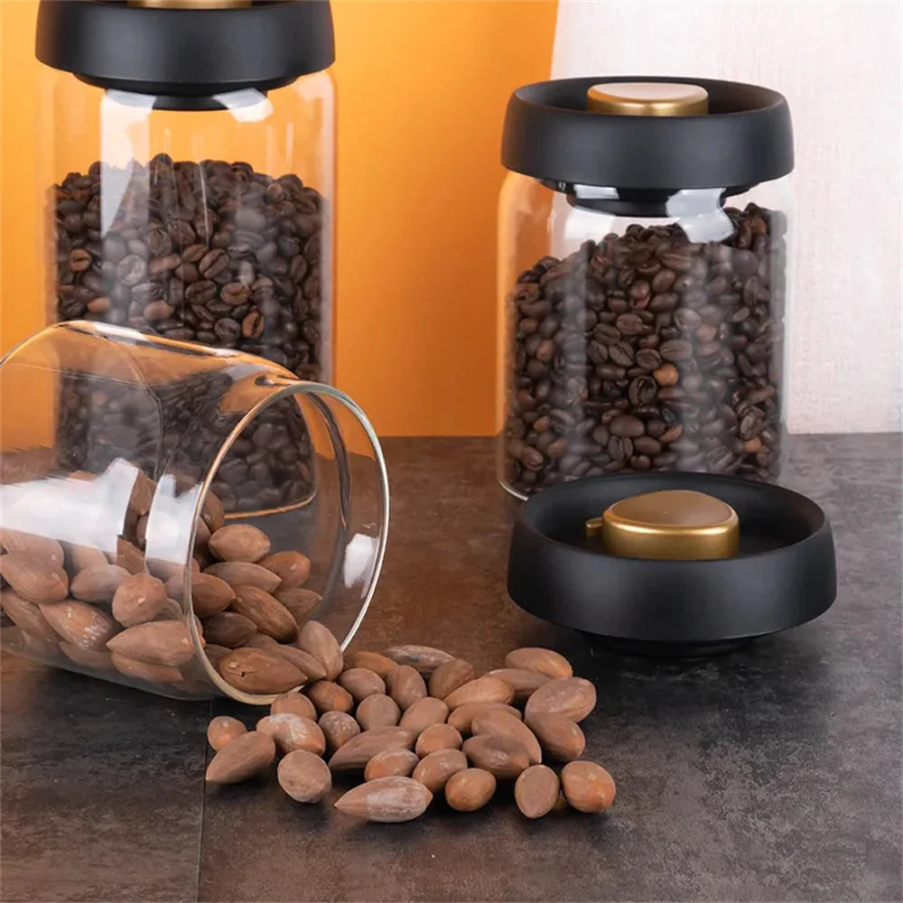 Vacuum-seal coffee canister with push-button airtight seal, filled with coffee beans