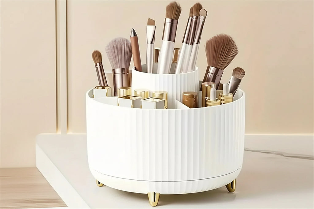 Rotating vanity storage caddy filled with brushes, lipsticks, and skincare