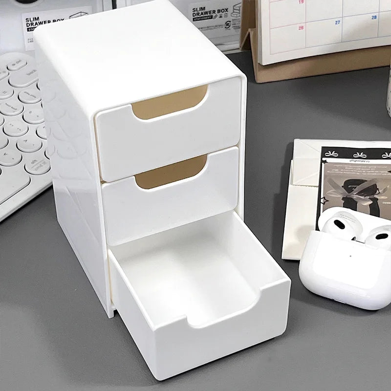 Stackable desktop drawer organizer on an office desk