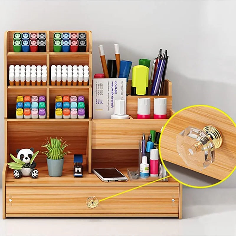 Wooden desk organizer kit shown in cherry wood and black finishes