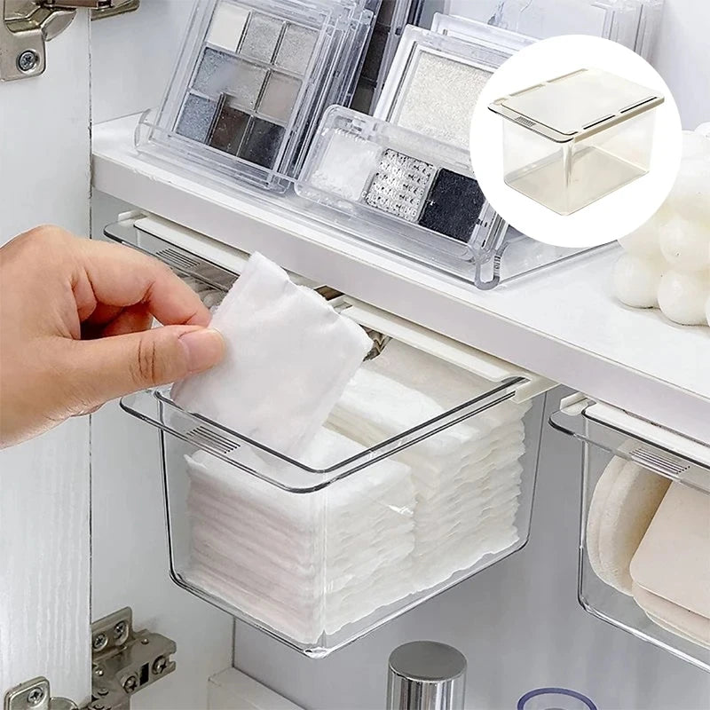 Pull-out storage drawer holding cotton pads and small toiletries
