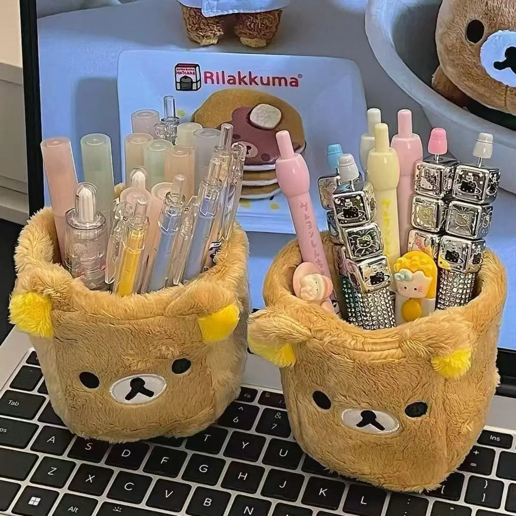 Soft plush pen and accessory holder on a desk