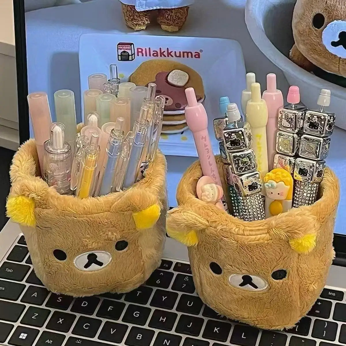 Soft plush pen and accessory holder on a desk