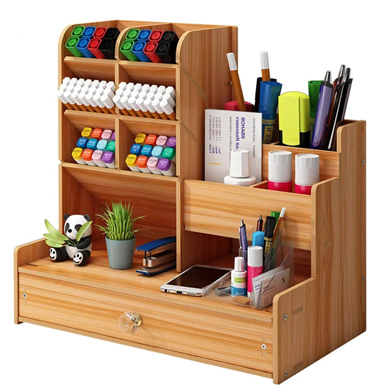Assembled wooden desk organizer holding pens and stationery